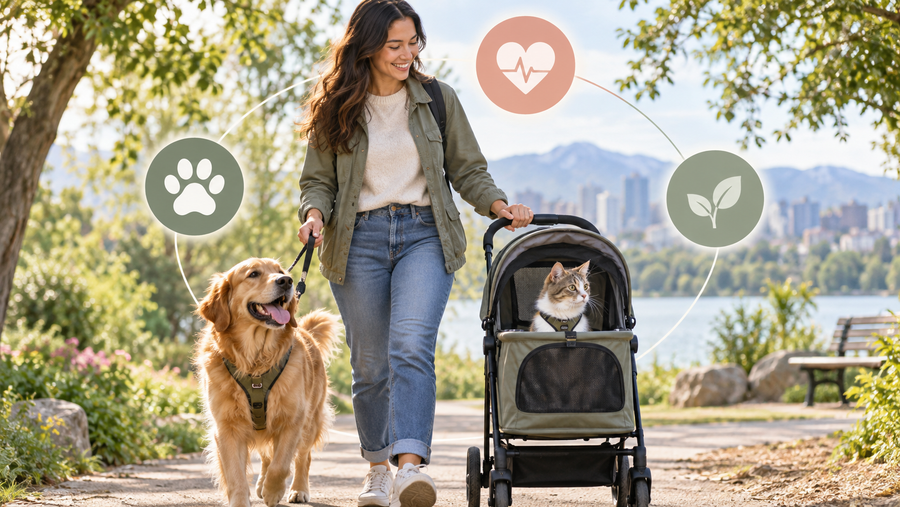 A woman enjoying outdoor time with a dog and a cat, illustrating the connection between pets, people and environmental health.
