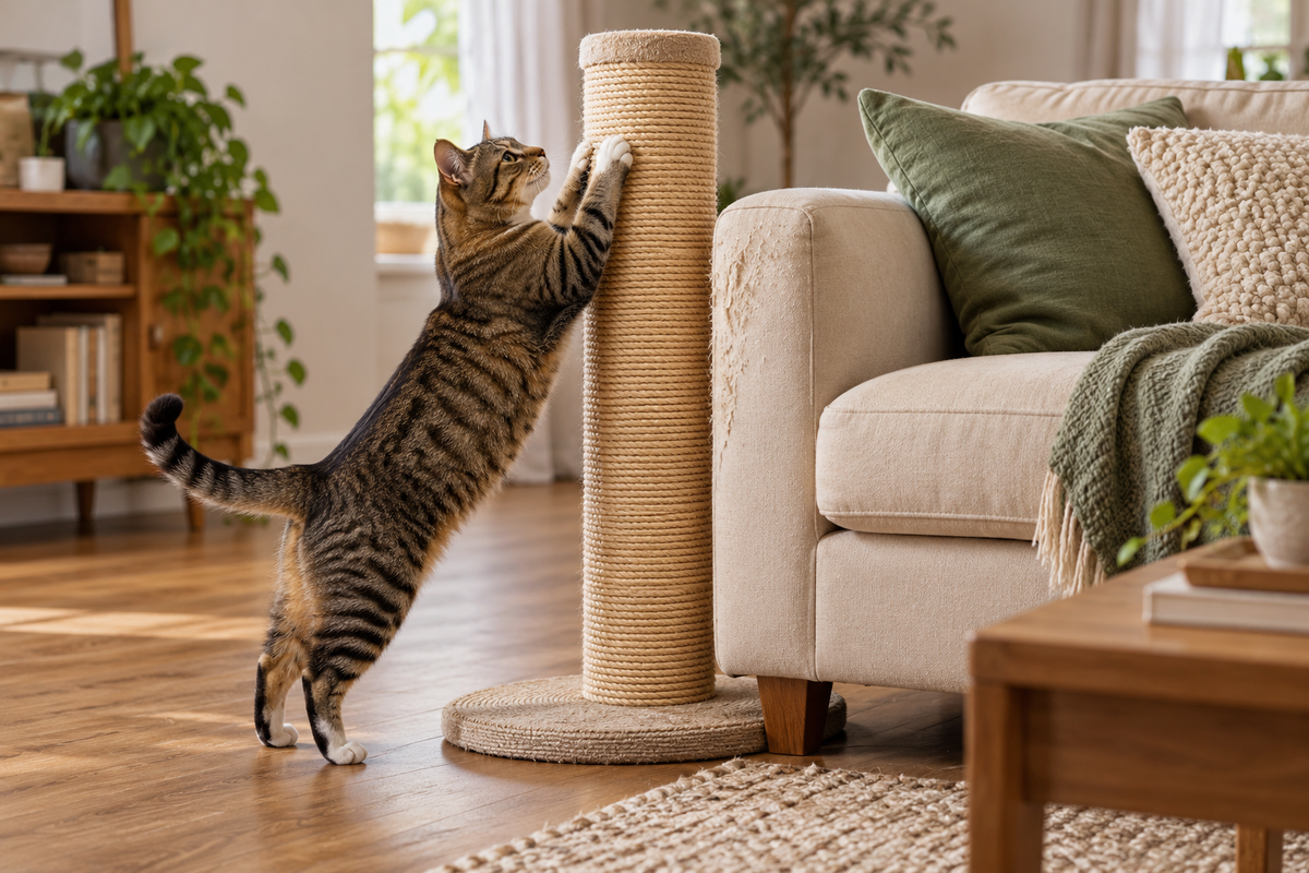 AI-generated color concept of a tabby cat using a sisal scratching post beside a cream sofa.