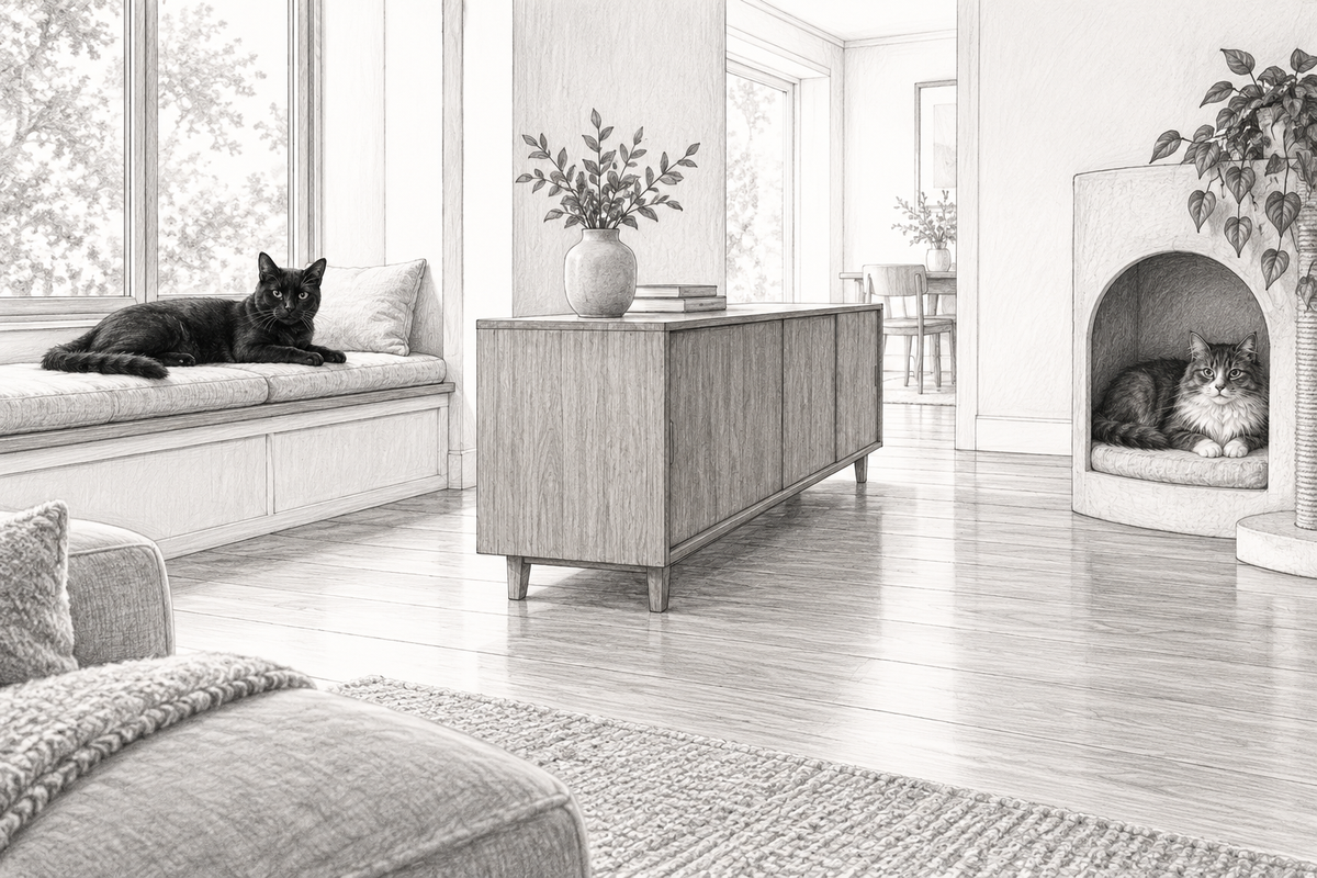 AI-generated graphite illustration of two cats in separate resting spaces with a sideboard between them.