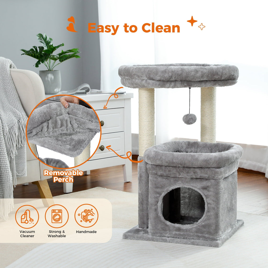 27-Inch Cozy Gray Cat Tree with Condo & Scratching Posts