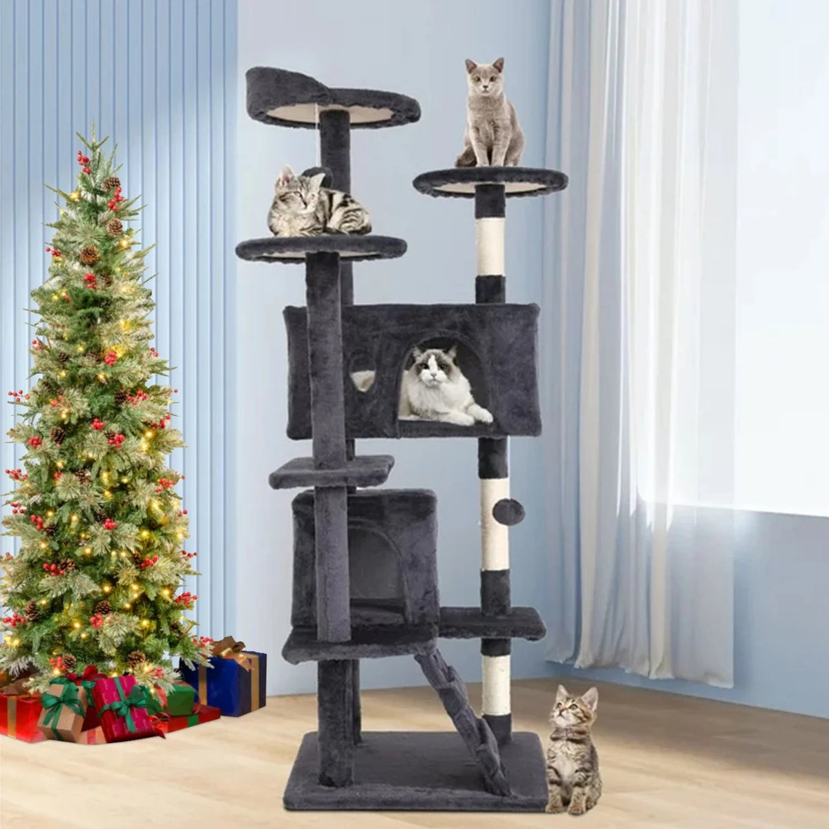 54-Inch Double Condo Cat Tree with Scratching Posts