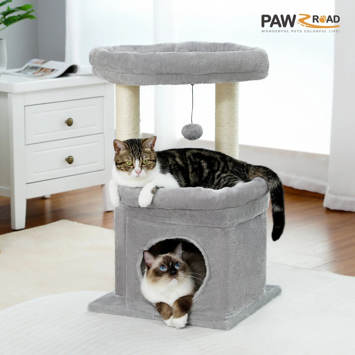 27-Inch Cozy Gray Cat Tree with Condo & Scratching Posts