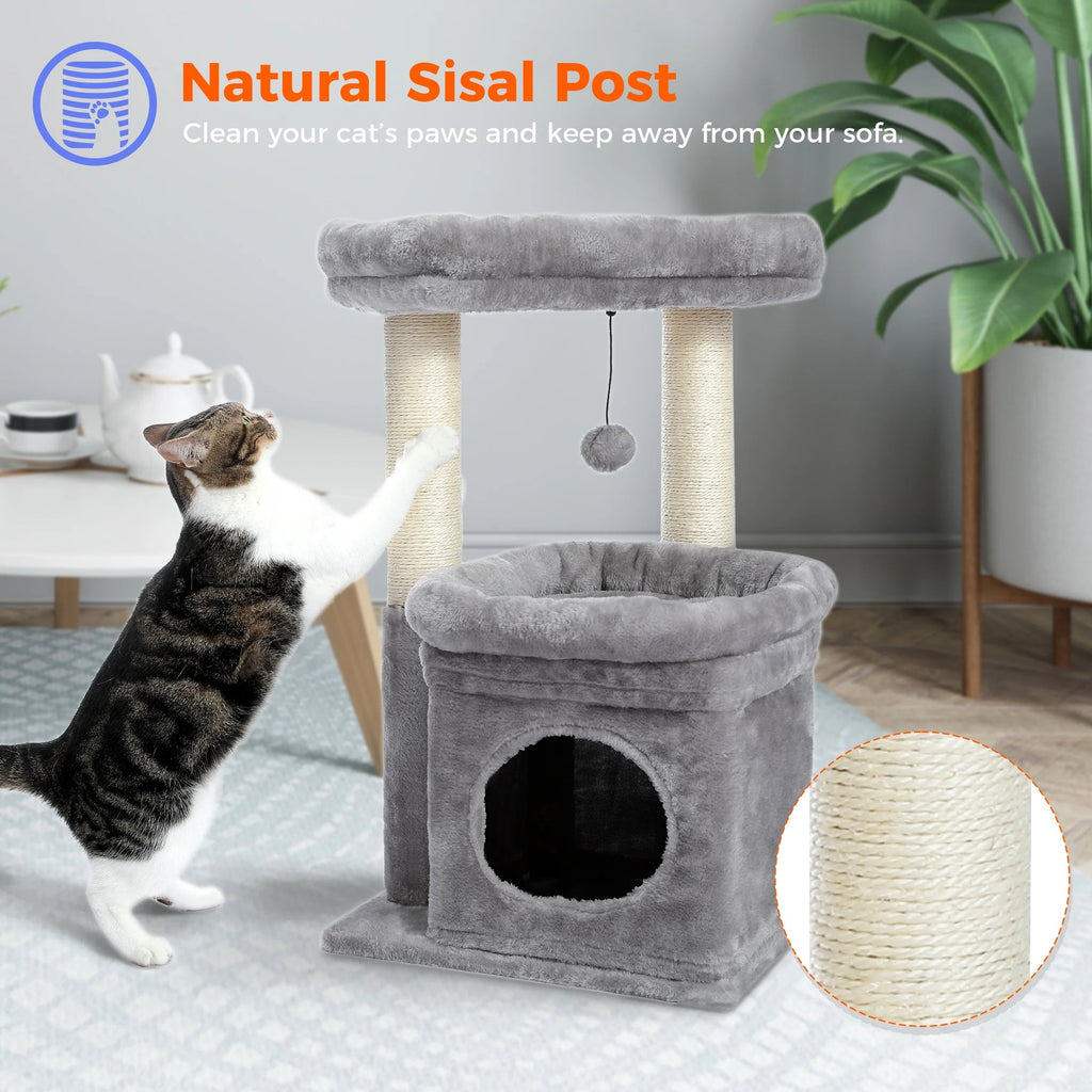 27-Inch Cozy Gray Cat Tree with Condo & Scratching Posts