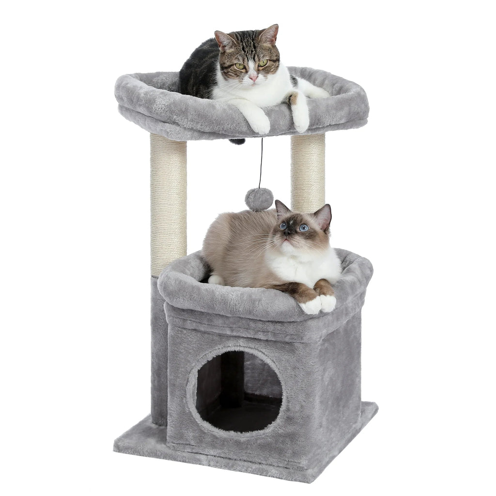 27-Inch Cozy Gray Cat Tree with Condo & Scratching Posts