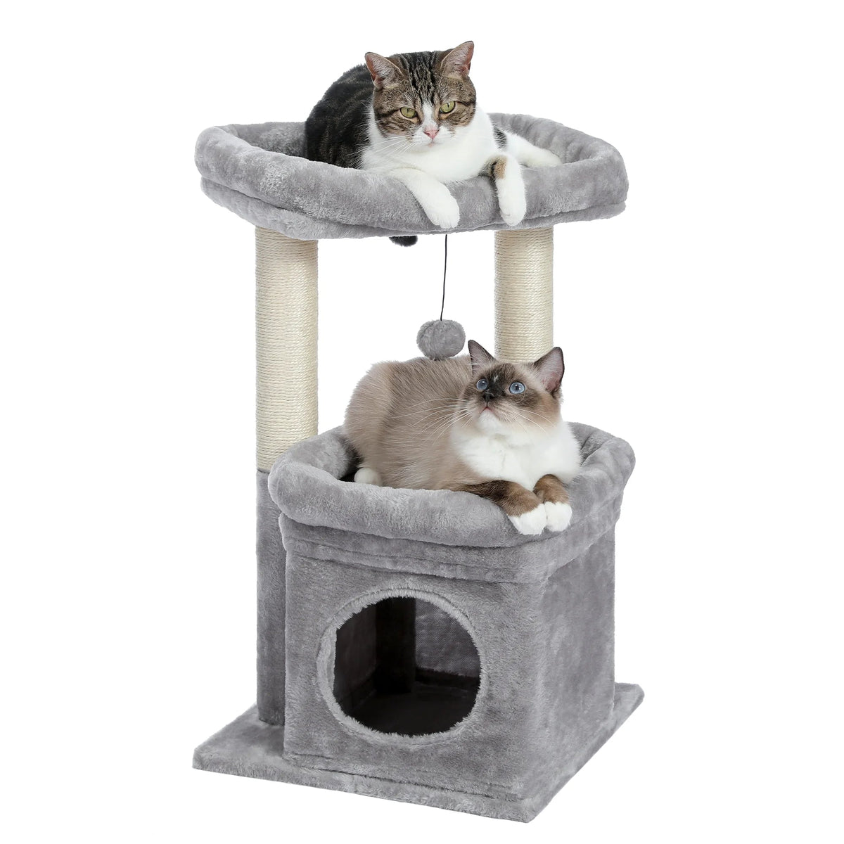 27-Inch Cozy Gray Cat Tree with Condo & Scratching Posts