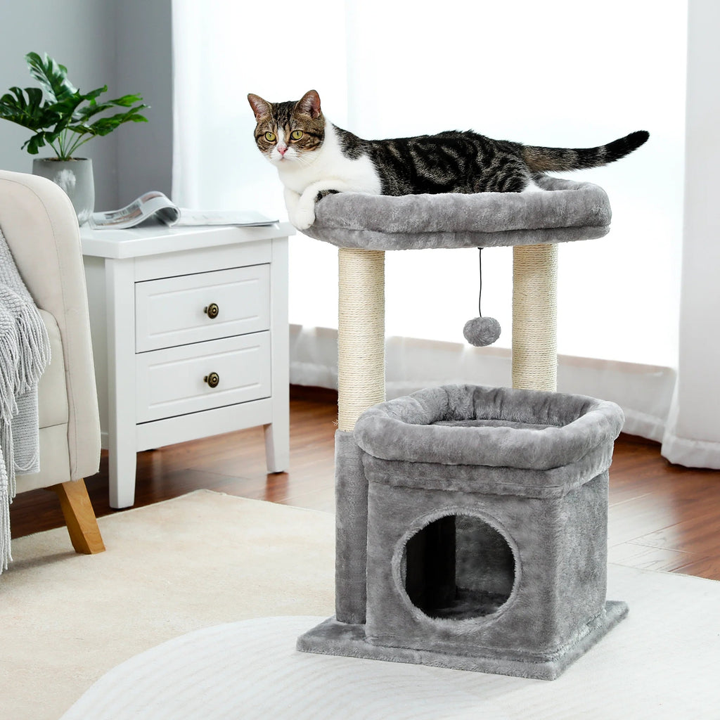 27-Inch Cozy Gray Cat Tree with Condo & Scratching Posts