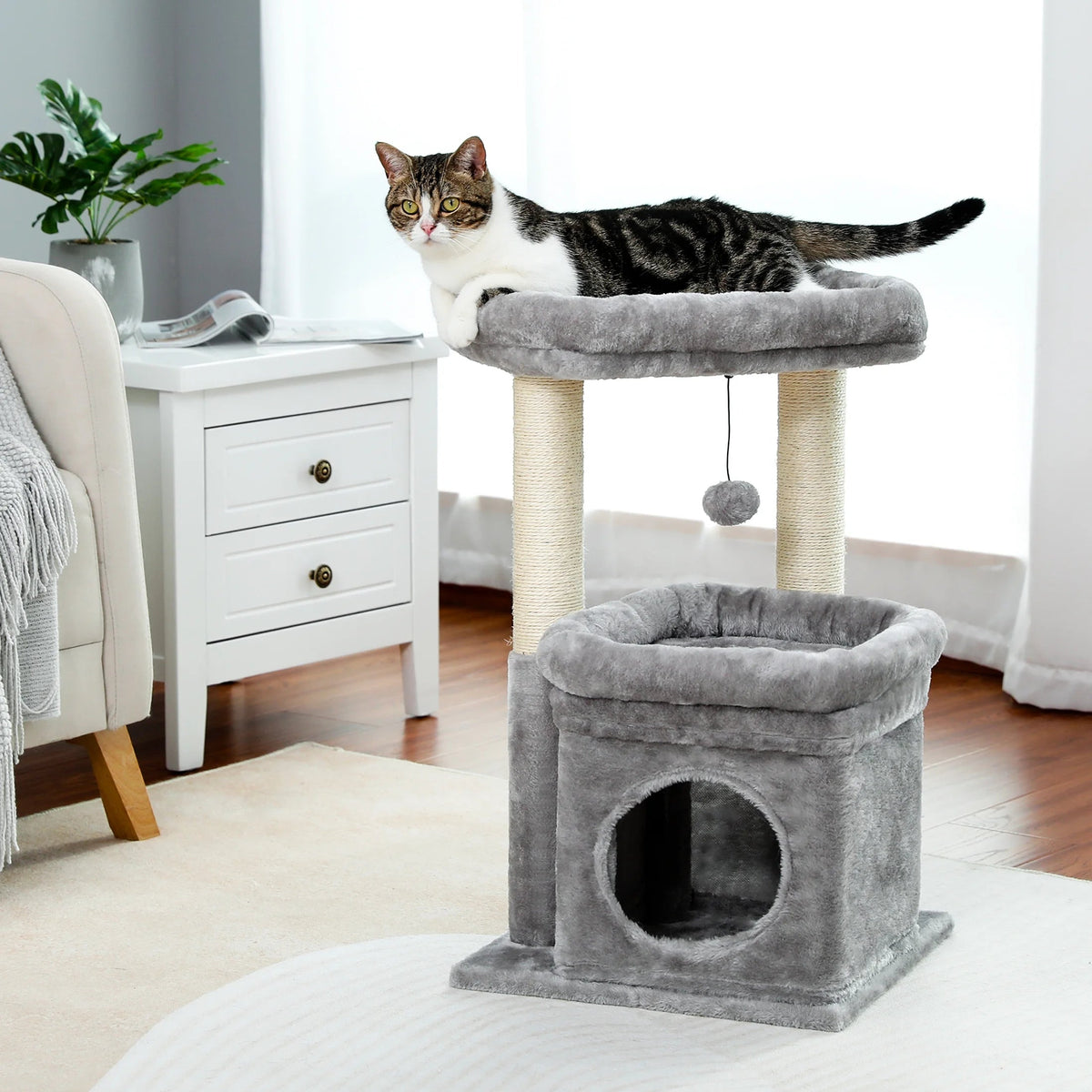 27-Inch Cozy Gray Cat Tree with Condo & Scratching Posts