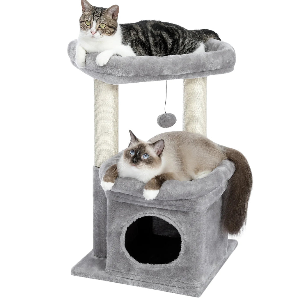 27-Inch Cozy Gray Cat Tree with Condo & Scratching Posts