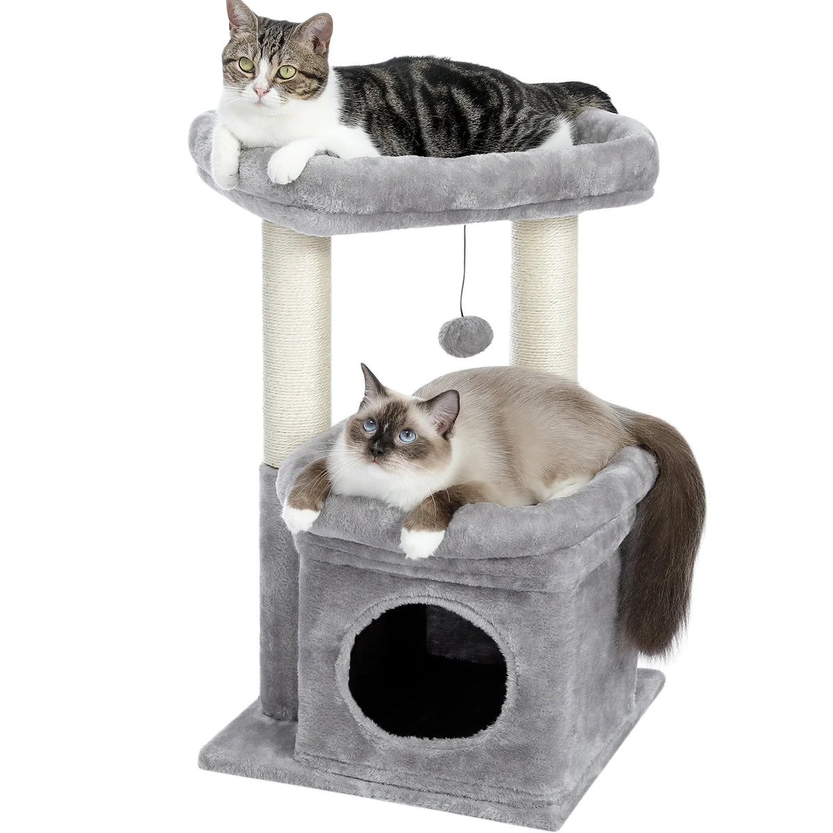 27-Inch Cozy Gray Cat Tree with Condo & Scratching Posts