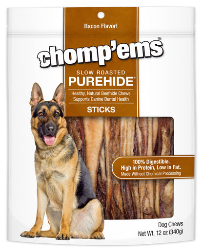 Purehide Chews - Slow Roasted Naturally Delicious Dog Treats - High Protein Beef Hide - Bacon Flavor, Sticks, 12 Oz.