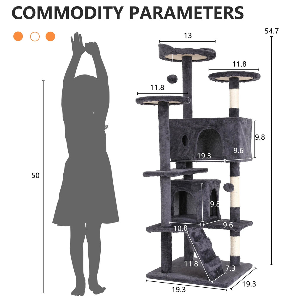 54-Inch Double Condo Cat Tree with Scratching Posts