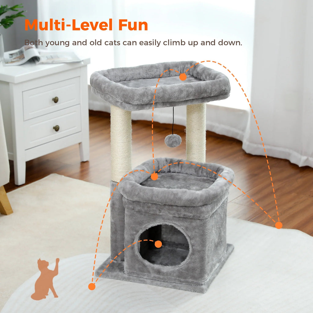 27-Inch Cozy Gray Cat Tree with Condo & Scratching Posts
