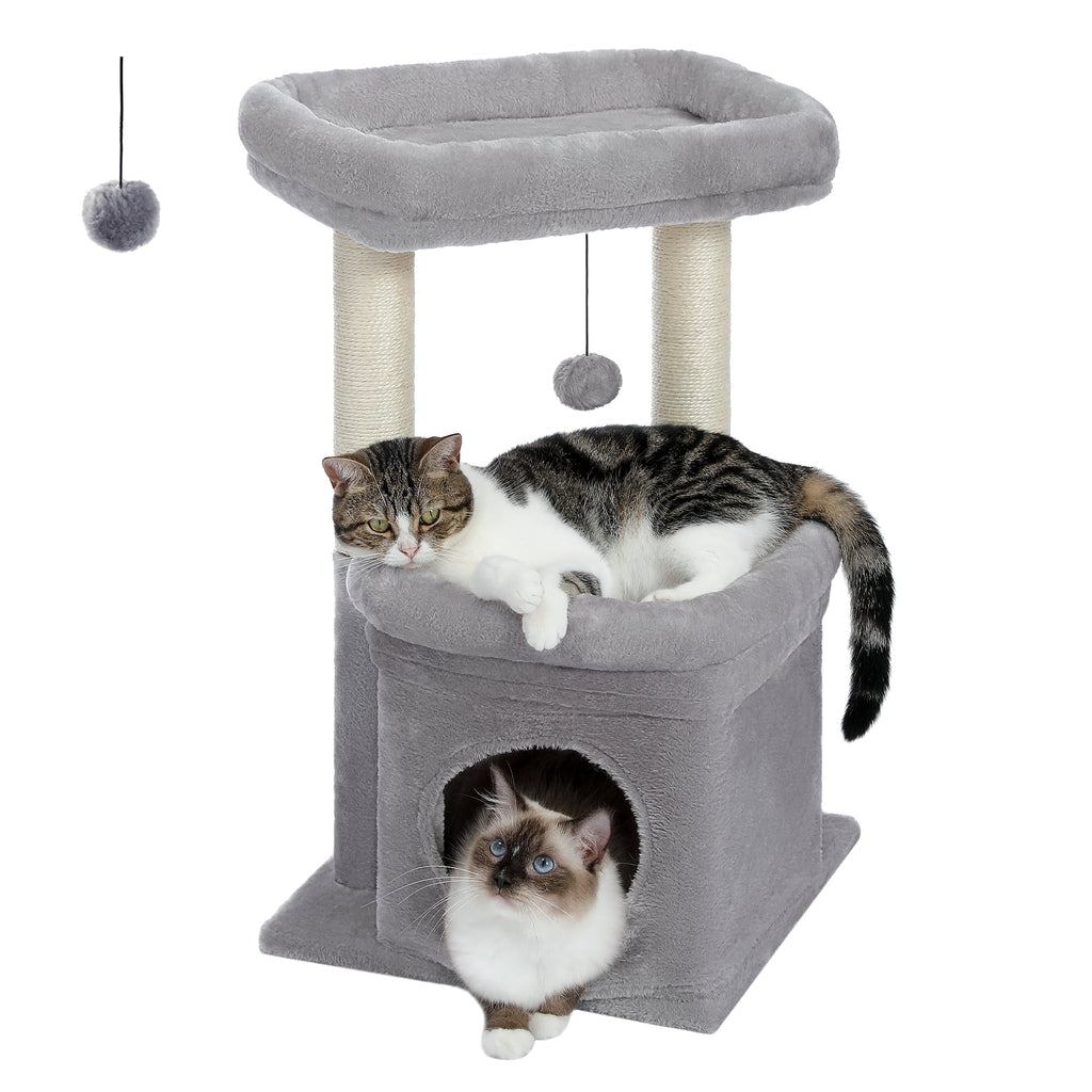 27-Inch Cozy Gray Cat Tree with Condo & Scratching Posts