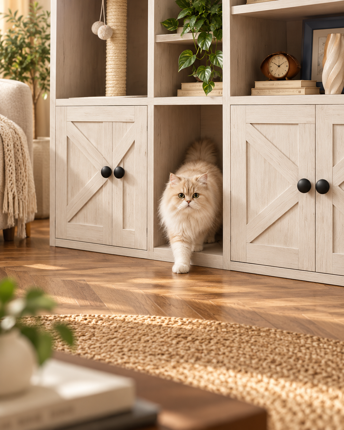 Cat walking through the center passage of the farmhouse-style double litter box enclosure
