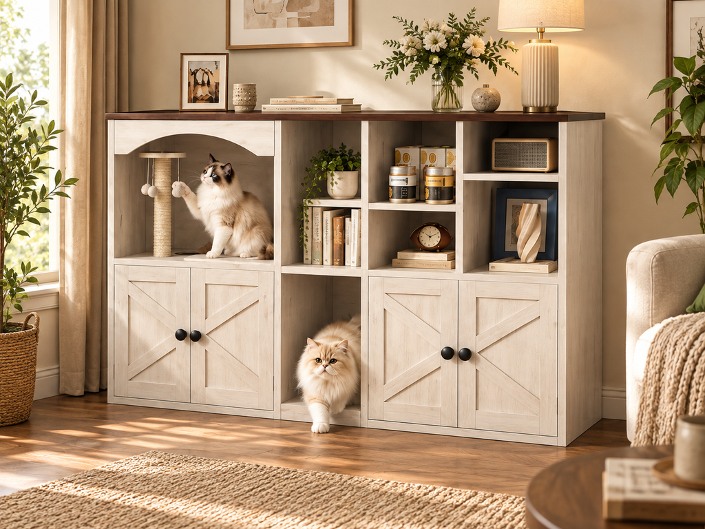 Double cat litter box enclosure in white and walnut with sisal scratching area, storage shelves and cats in a warm living room