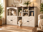 Double cat litter box enclosure in white and walnut with sisal scratching area, storage shelves and cats in a warm living room