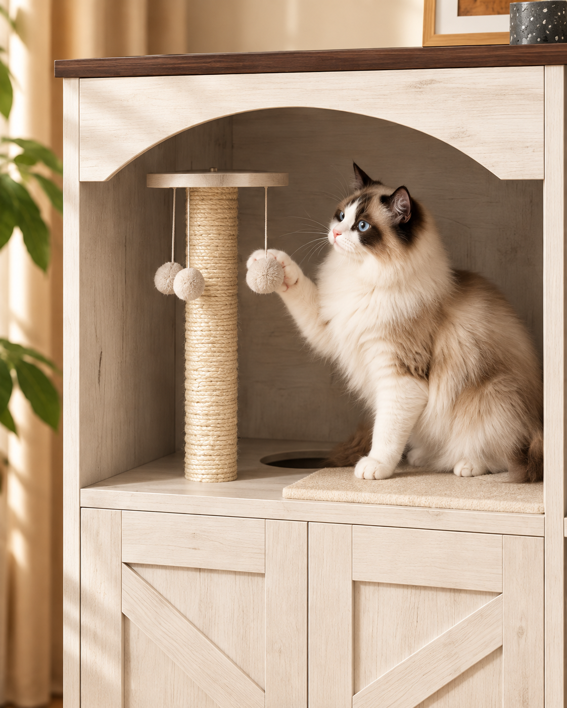 Ragdoll cat using the integrated sisal scratching post and hanging toys inside the cat furniture nook