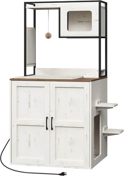 White 61-inch automatic litter box enclosure with cat tower, wood top and black metal frame