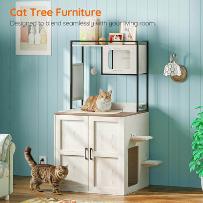 Automatic litter box furniture with elevated cat areas, feeding bowls and scratching features in a home setting