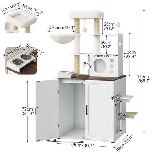 Dimensions and product layout for the white and walnut automatic litter box enclosure with cat tree