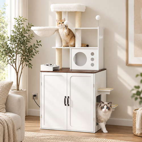 White and walnut automatic litter box enclosure with cat tree in a minimalist living room